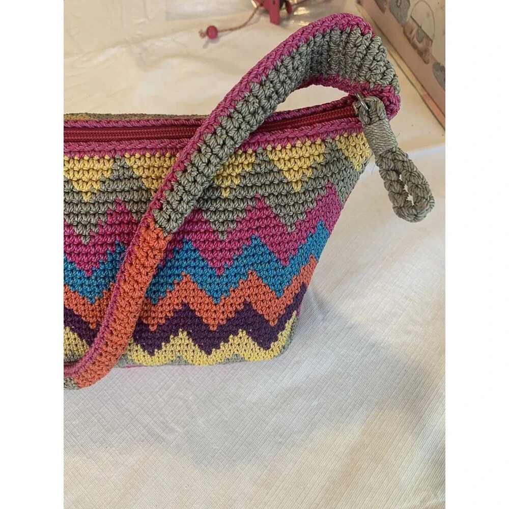 The Sak Chevron Multicolor Crocheted Lined Shoulder Bag Bright Hot Pink~Teal